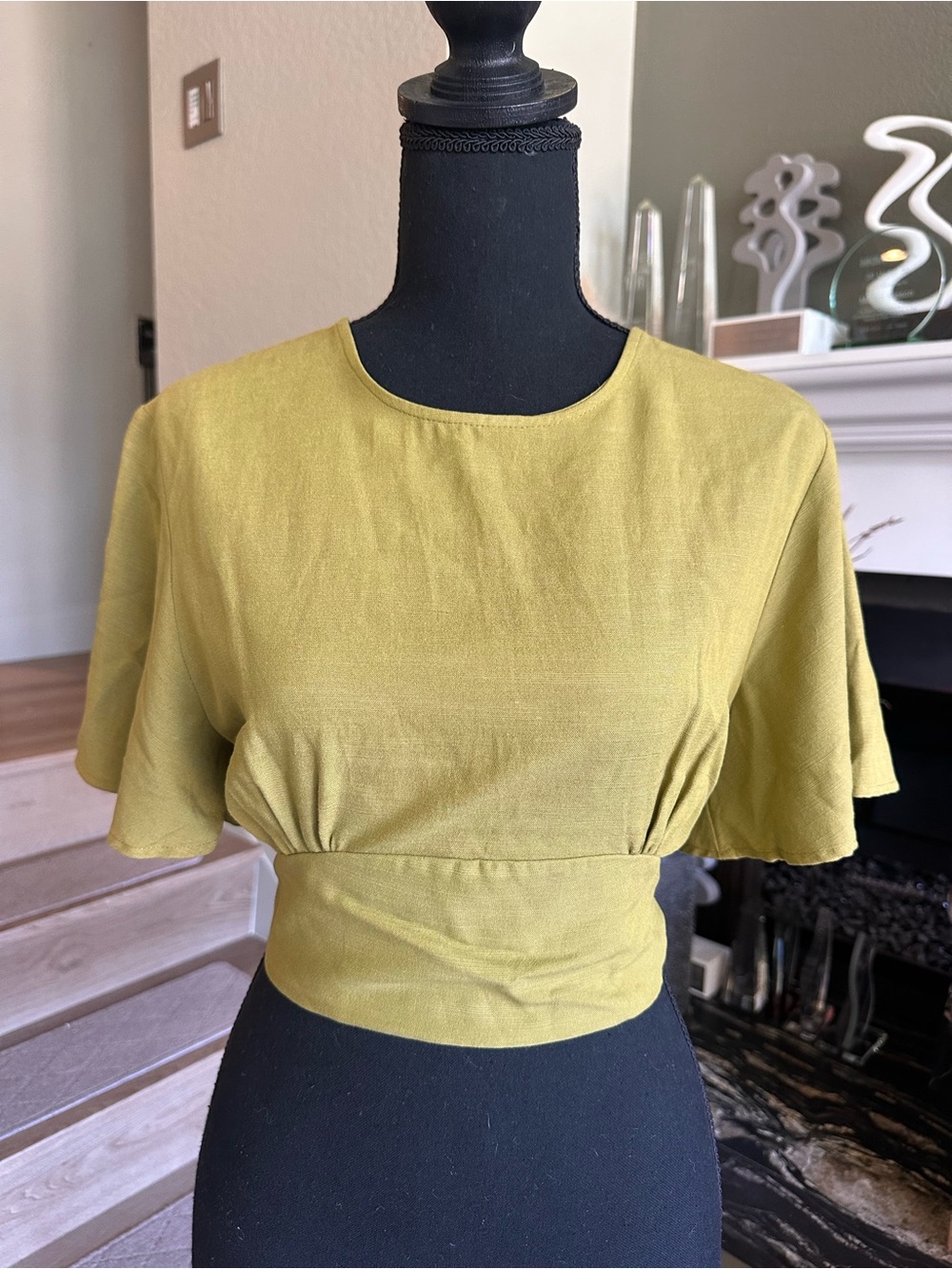 💚 Zara Open Back Linen Look Crop Top Chartreuse Green XS 💚